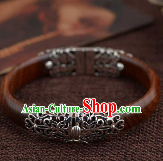 China Traditional Handmade Rosewood Bracelet National Silver Bangle Accessories