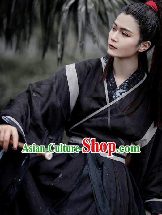 China Jin Dynasty Scholar Historical Clothing Traditional Hanfu Costume Ancient Swordsman Black Apparels for Men