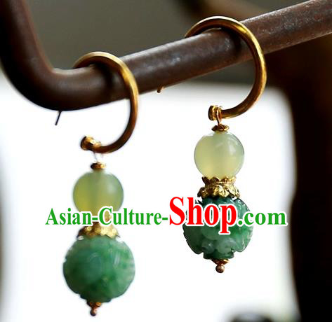 China Traditional Jade Carving Beads Jewelry Handmade Ear Accessories National Court Earrings