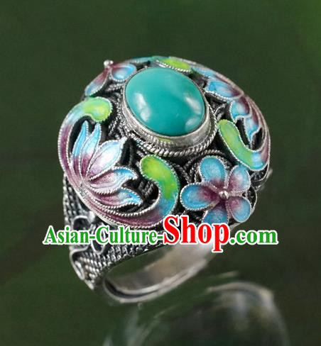 China Traditional Qing Dynasty Court Kallaite Jewelry Ancient Queen Cloisonne Lotus Ring Accessories