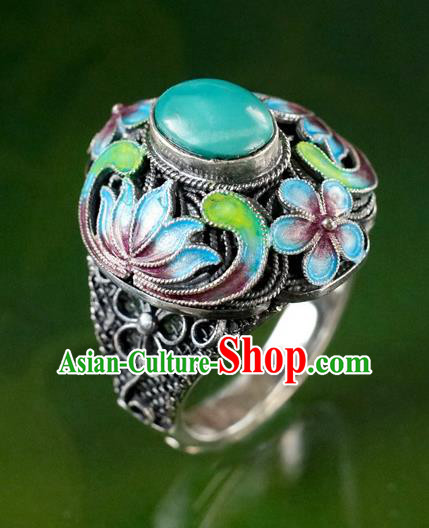 China Traditional Qing Dynasty Court Kallaite Jewelry Ancient Queen Cloisonne Lotus Ring Accessories