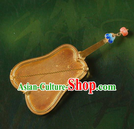 China Traditional Handmade Qing Dynasty Palace Golden Fan Brooch National Jade Breastpin Accessories