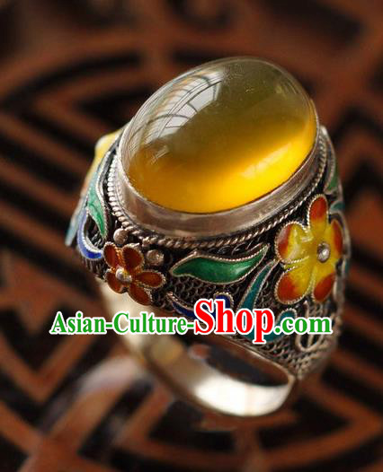 China Ancient Court Woman Opal Circlet Silver Jewelry Traditional Qing Dynasty Queen Enamel Plum Ring Accessories