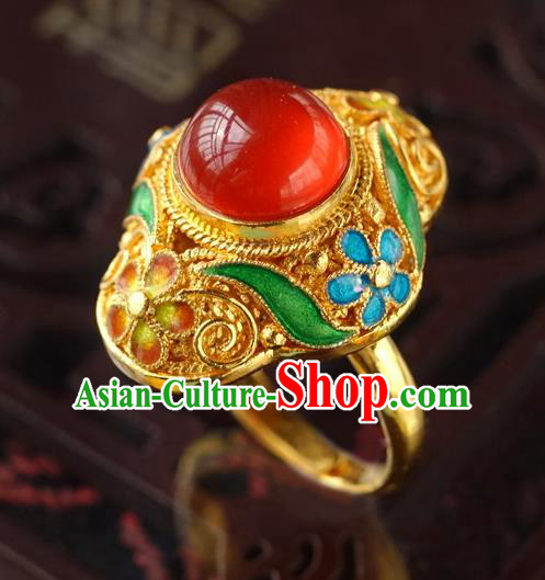 China Ancient Court Woman Carnelian Accessories Traditional Qing Dynasty Empress Circlet Jewelry Golden Ring