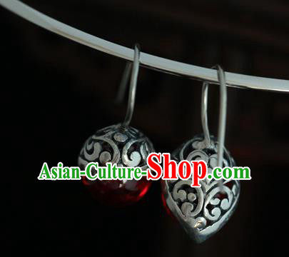 Handmade Chinese Cheongsam Garnet Ear Accessories Traditional Silver Earrings Jewelry