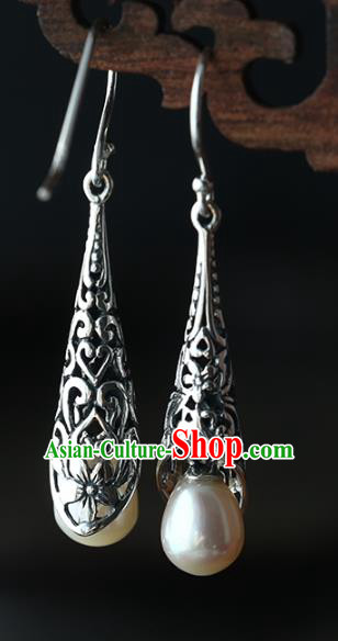 Handmade Chinese Ear Accessories Traditional Silver Carving Earrings Cheongsam Pearl Jewelry