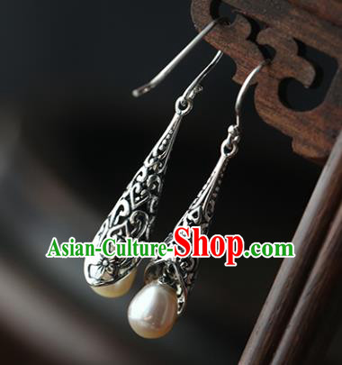 Handmade Chinese Ear Accessories Traditional Silver Carving Earrings Cheongsam Pearl Jewelry