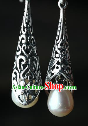 Handmade Chinese Ear Accessories Traditional Silver Carving Earrings Cheongsam Pearl Jewelry