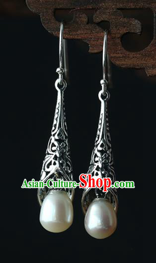 Handmade Chinese Ear Accessories Traditional Silver Carving Earrings Cheongsam Pearl Jewelry