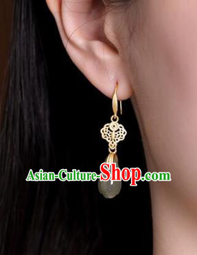 Handmade Chinese Traditional Cheongsam Golden Earrings Jewelry Jade Mangnolia Ear Accessories