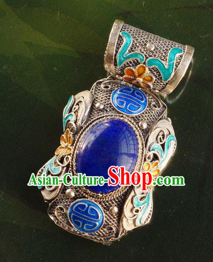 China Traditional National Jewelry Court Accessories Handmade Lapis Silver Necklace Pendant