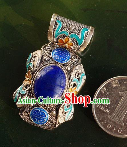 China Traditional National Jewelry Court Accessories Handmade Lapis Silver Necklace Pendant