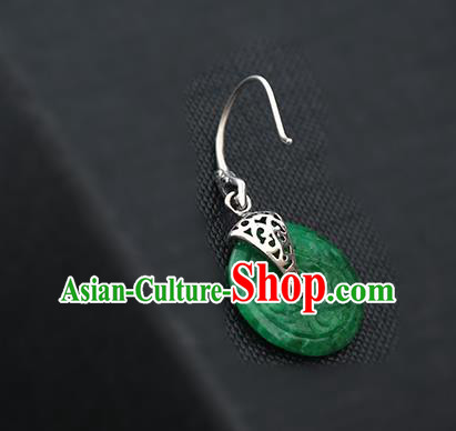 Handmade Chinese Cheongsam Green Jade Carving Earrings Traditional Silver Ear Jewelry Accessories