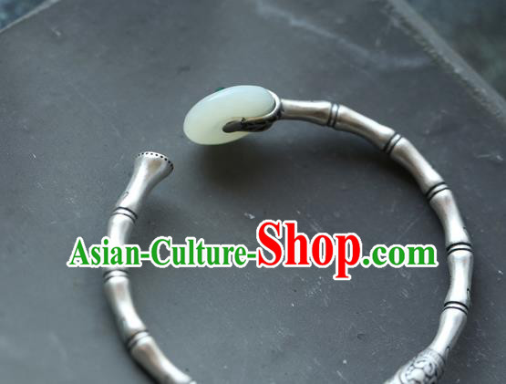 China Handmade Silver Carving Bamboo Bangle Jewelry Jade Accessories Traditional National Bracelet
