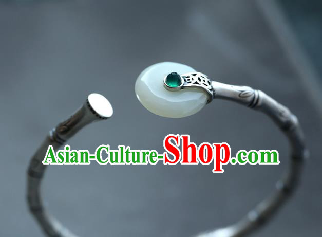 China Handmade Silver Carving Bamboo Bangle Jewelry Jade Accessories Traditional National Bracelet