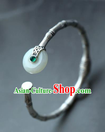 China Handmade Silver Carving Bamboo Bangle Jewelry Jade Accessories Traditional National Bracelet