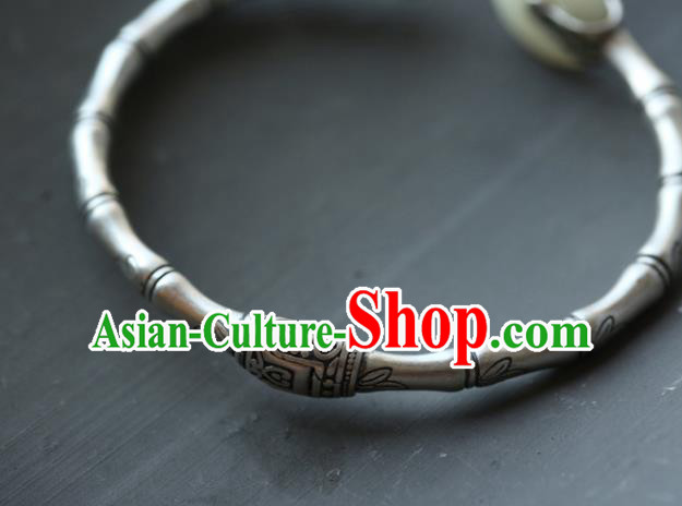 China Handmade Silver Carving Bamboo Bangle Jewelry Jade Accessories Traditional National Bracelet