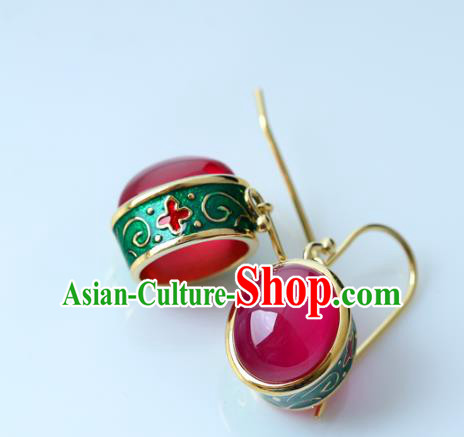 Handmade Chinese Enamel Earrings Traditional Ear Jewelry Red Corundum Accessories