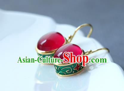 Handmade Chinese Enamel Earrings Traditional Ear Jewelry Red Corundum Accessories