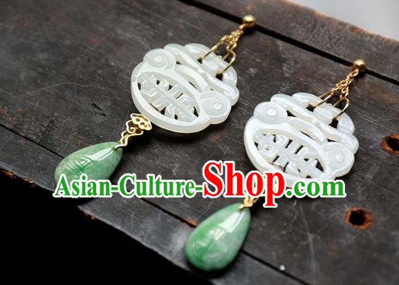 China Ancient Qing Dynasty White Jade Earrings National Jewelry Traditional Handmade Ear Accessories