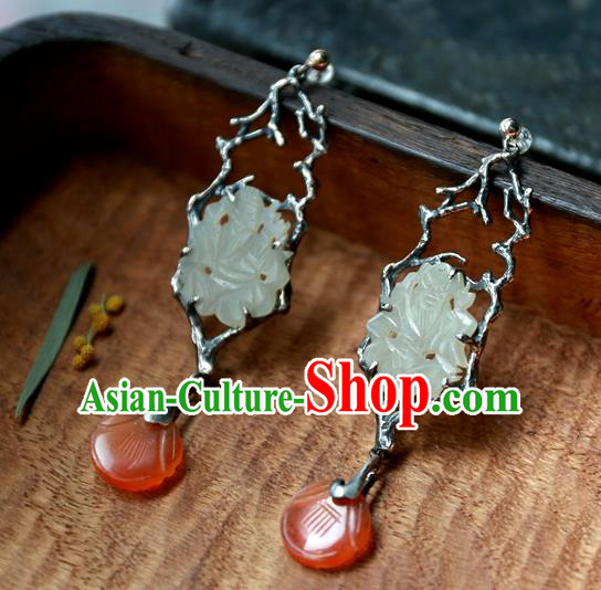 China Traditional Handmade Agate Ear Accessories National Wedding Jewelry Ancient Qing Dynasty White Jade Earrings