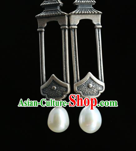 Handmade Chinese Traditional Pearl Ear Jewelry Eardrop Accessories Silver Carving Palace Earrings