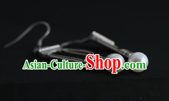 Handmade Chinese Traditional Pearl Ear Jewelry Eardrop Accessories Silver Carving Palace Earrings