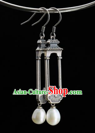 Handmade Chinese Traditional Pearl Ear Jewelry Eardrop Accessories Silver Carving Palace Earrings