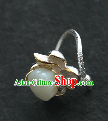 China Handmade Silver Carving Ring Traditional Jewelry Accessories White Jade Lotus Seedpod Circlet