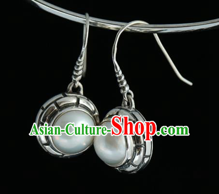 Handmade Chinese Traditional Pearl Ear Jewelry Eardrop Accessories Palace Silver Carving Earrings