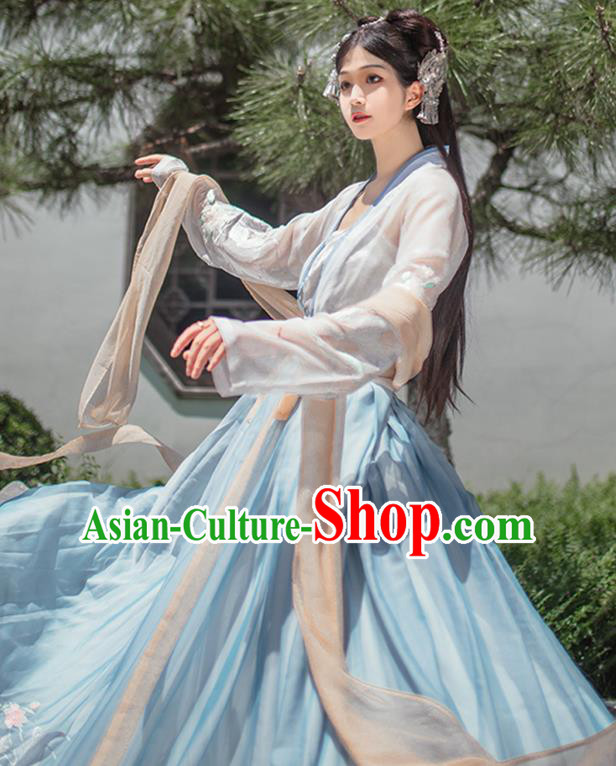 China Ancient Imperial Concubine Blue Embroidered Hanfu Clothing Traditional Tang Dynasty Palace Historical Costumes for Women