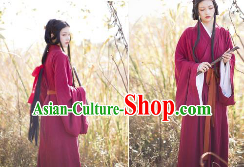 China Traditional Jin Dynasty Imperial Princess Historical Costume Ancient Female Swordsman Wine Red Hanfu Dress Clothing