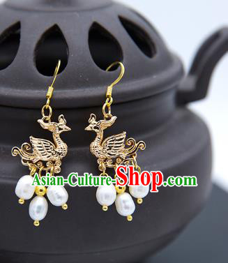 China Cheongsam Golden Phoenix Earrings Traditional Ming Dynasty Jewelry Ornaments Handmade Ancient Princess Ear Accessories