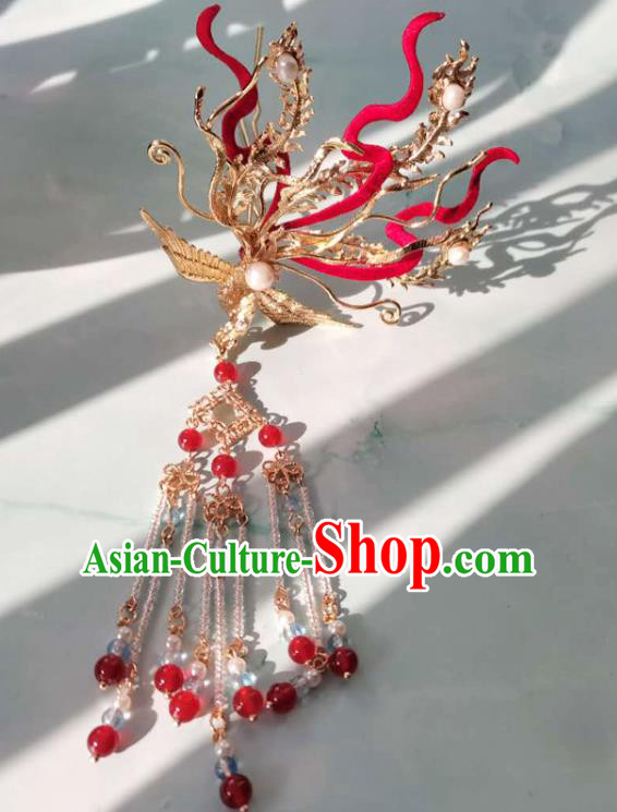 China Ming Dynasty Tassel Hairpin Ancient Court Woman Golden Phoenix Hair Crown Traditional Hanfu Hair Accessories