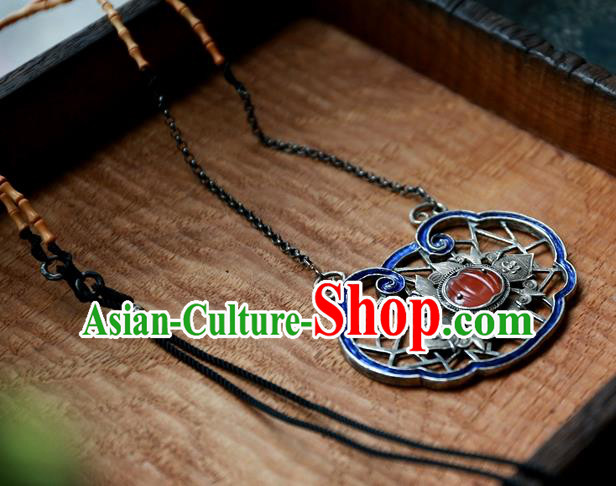 Handmade China National Jewelry Traditional Silver Carving Blueing Necklace Pendant Qing Dynasty Agate Accessories