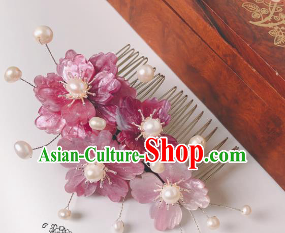 China Song Dynasty Hair Comb Traditional Hanfu Court Pearls Hair Accessories Ancient Princess Pink Flowers Hairpin