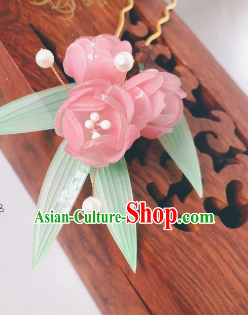 China Ming Dynasty Young Lady Hair Stick Traditional Hanfu Hair Accessories Ancient Princess Pink Begonia Hairpin