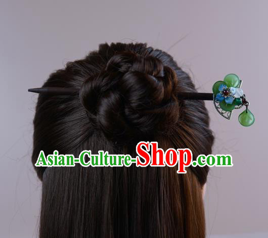 China Cheongsam Green Flower Hairpin Hanfu Wood Hair Stick Traditional Hair Accessories