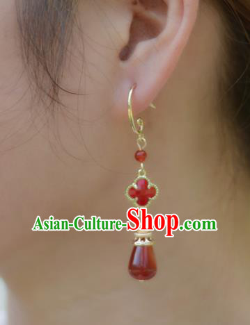 Chinese Classical Red Agate Earrings Traditional Jewelry Ornaments Handmade Clover Ear Accessories