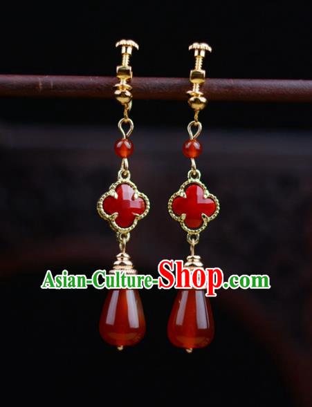 Chinese Classical Red Agate Earrings Traditional Jewelry Ornaments Handmade Clover Ear Accessories