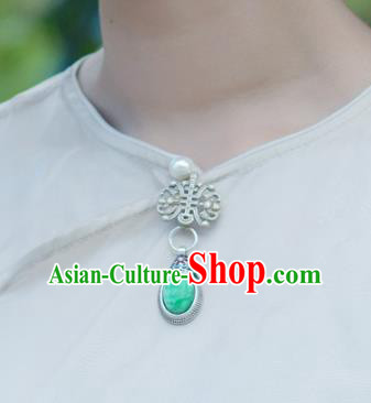Chinese Traditional Jadeite Collar Accessories Cheongsam Brooch Jewelry Handmade Silver Breastpin Pendant
