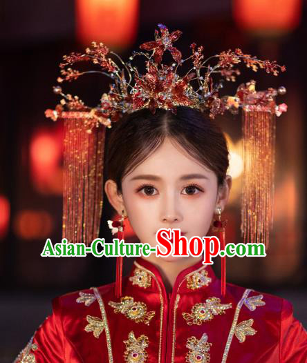 China Bride Hair Crown Traditional Wedding Hair Accessories Handmade Tassel Phoenix Coronet