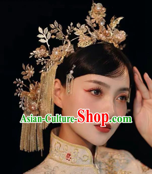 China Handmade Golden Hair Crown Tassel Hairpins Traditional Wedding Bride Xiuhe Suit Headwear Complete Set