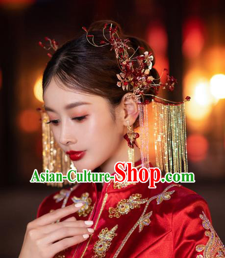 China Handmade Wedding Headwear Traditional Xiuhe Suit Bride Hair Accessories Hairpins Tassel Hair Sticks Complete Set