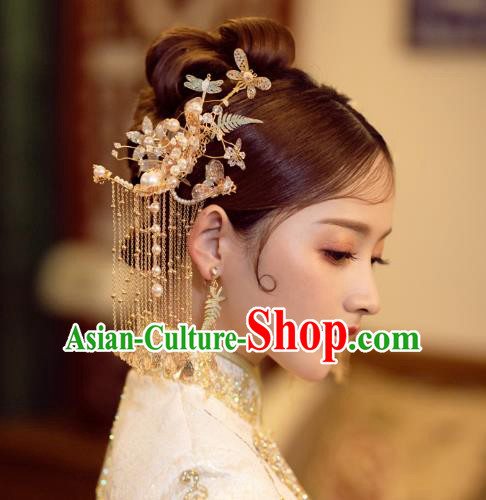 China Traditional Wedding Hair Accessories Bride Golden Hairpins Tassel Hair Sticks Full Set