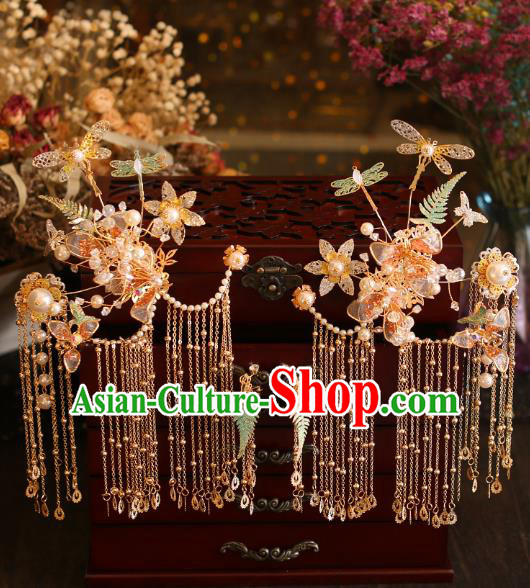 China Traditional Wedding Hair Accessories Bride Golden Hairpins Tassel Hair Sticks Full Set