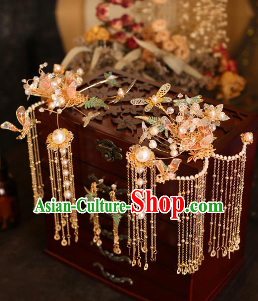 China Traditional Wedding Hair Accessories Bride Golden Hairpins Tassel Hair Sticks Full Set