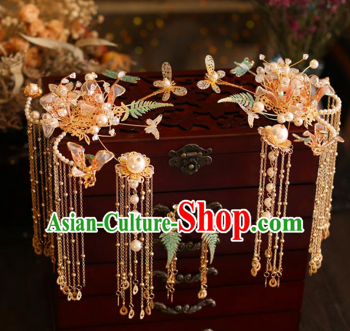 China Traditional Wedding Hair Accessories Bride Golden Hairpins Tassel Hair Sticks Full Set