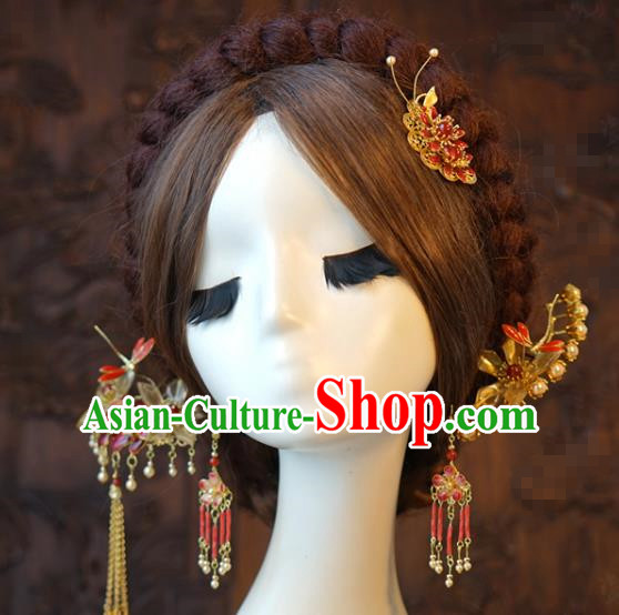 China Traditional Wedding Hair Sticks and Tassel Hairpins Earrings Ancient Bride Hair Accessories Full Set
