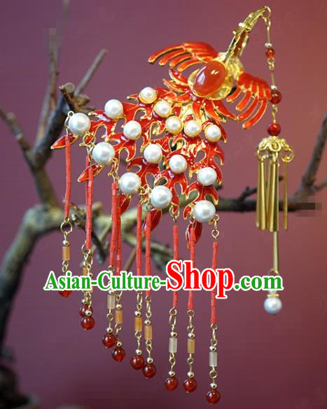 China Traditional Red Phoenix Hair Stick Wedding Xiuhe Suit Hair Accessories Bride Agate Tassel Hairpin